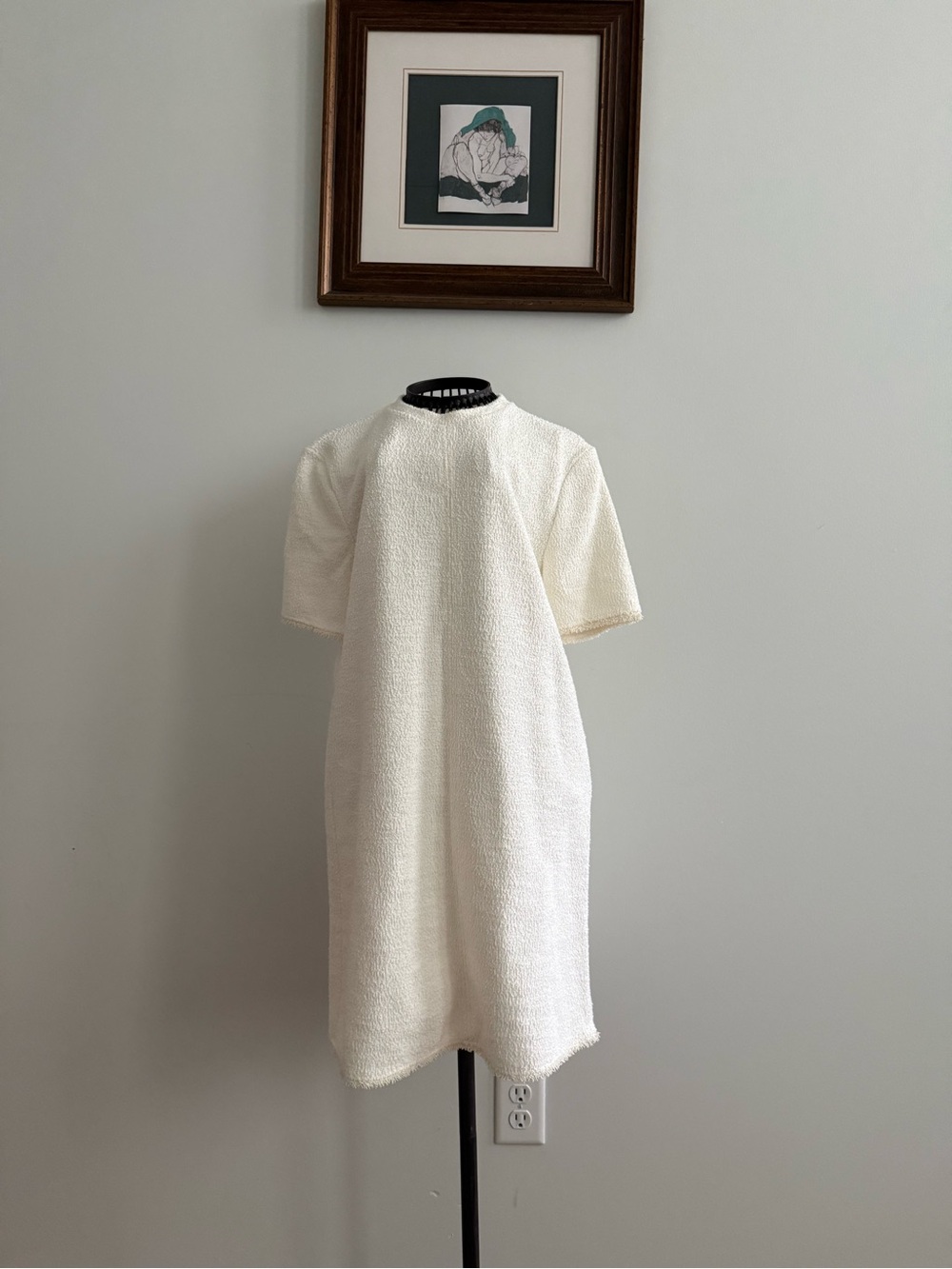 Zara Cream Textured Mini Dress with Black Trim